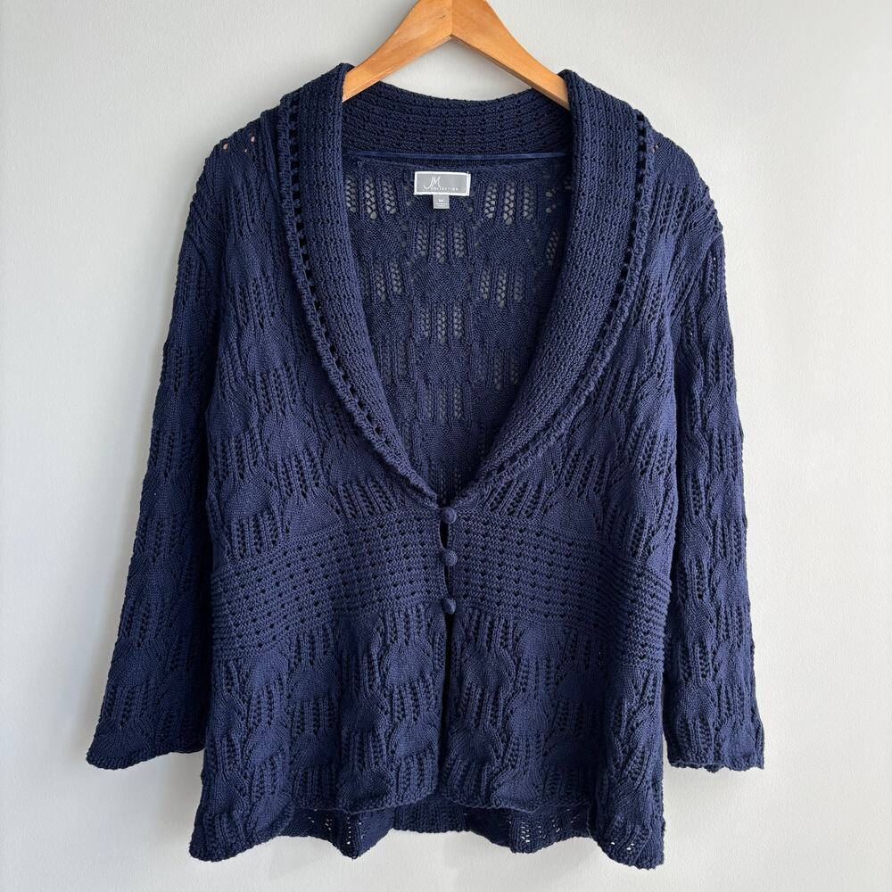 JM Collection Navy Blue Open Knit Cardigan Button Detail 3/4 Sleeve Cozy Medium